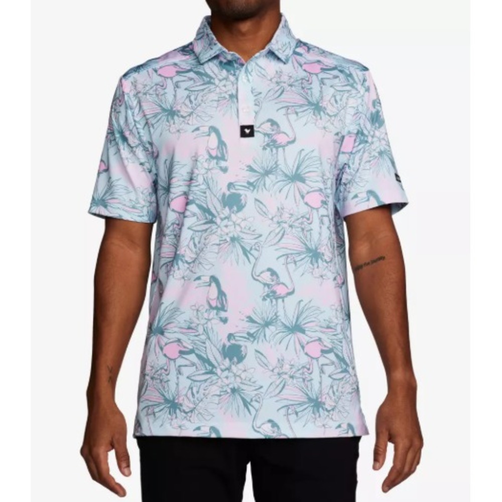 Bad Birdie Tropical Watch Golf Polo Mens 2XL Flamingo Toucan Hawaiian Pastel AOP - Picture 2 of 16